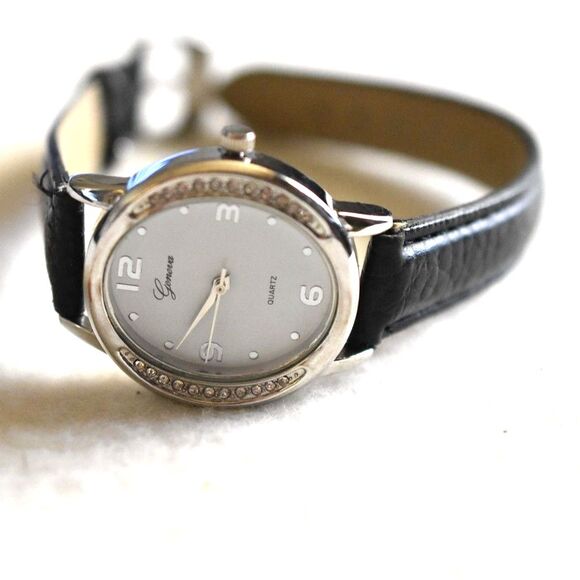 Geneva Snazzy Silver Tone Rhinestone Accent Black Band New Battery Watch - Picture 2 of 4